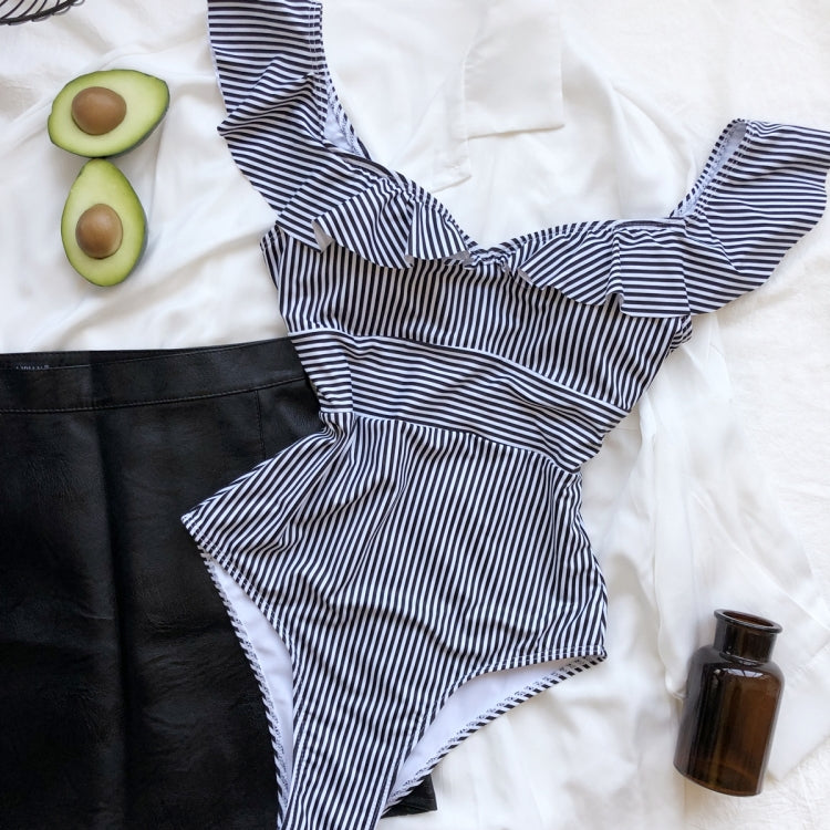 One-Piece White and Black Stripes Ruffles Swimwear Areous