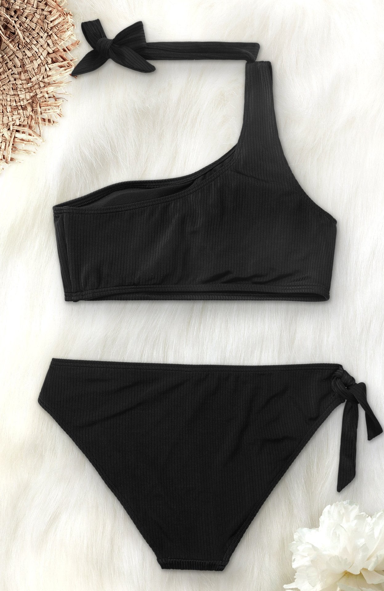 One Shoulder Strap Black Bikini Set Areous