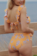 Open Back Ruffle Floral One Piece Swimsuit Areous