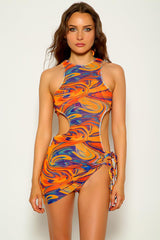 Orange Blue Printed Three Piece Swimsuit Areous