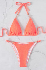 Orange Faux Pearl Accent Ribbed Halter 2 Pc Bikini Set Areous