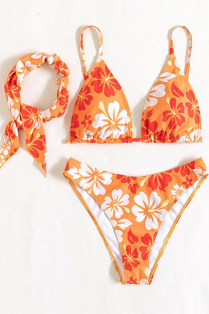 Orange Floral Print Cheeky Three Piece Swimsuit Areous