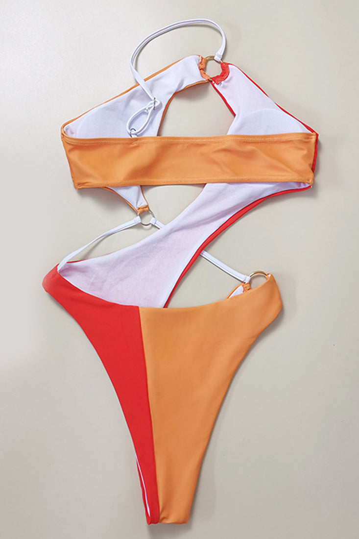 Orange One Shoulder Ring Linked Hollow Out Monokini Areous