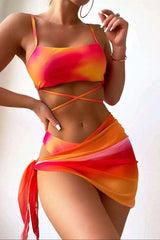 Orange Tie Dye Print Criss-Cross 3 Pc Bikini Set With Cover Up Areous