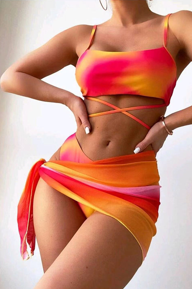 Orange Tie Dye Print Criss-Cross 3 Pc Bikini Set With Cover Up Areous