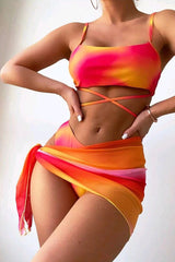 Orange Tie Dye Print Criss-Cross 3 Pc Bikini Set With Cover Up Areous