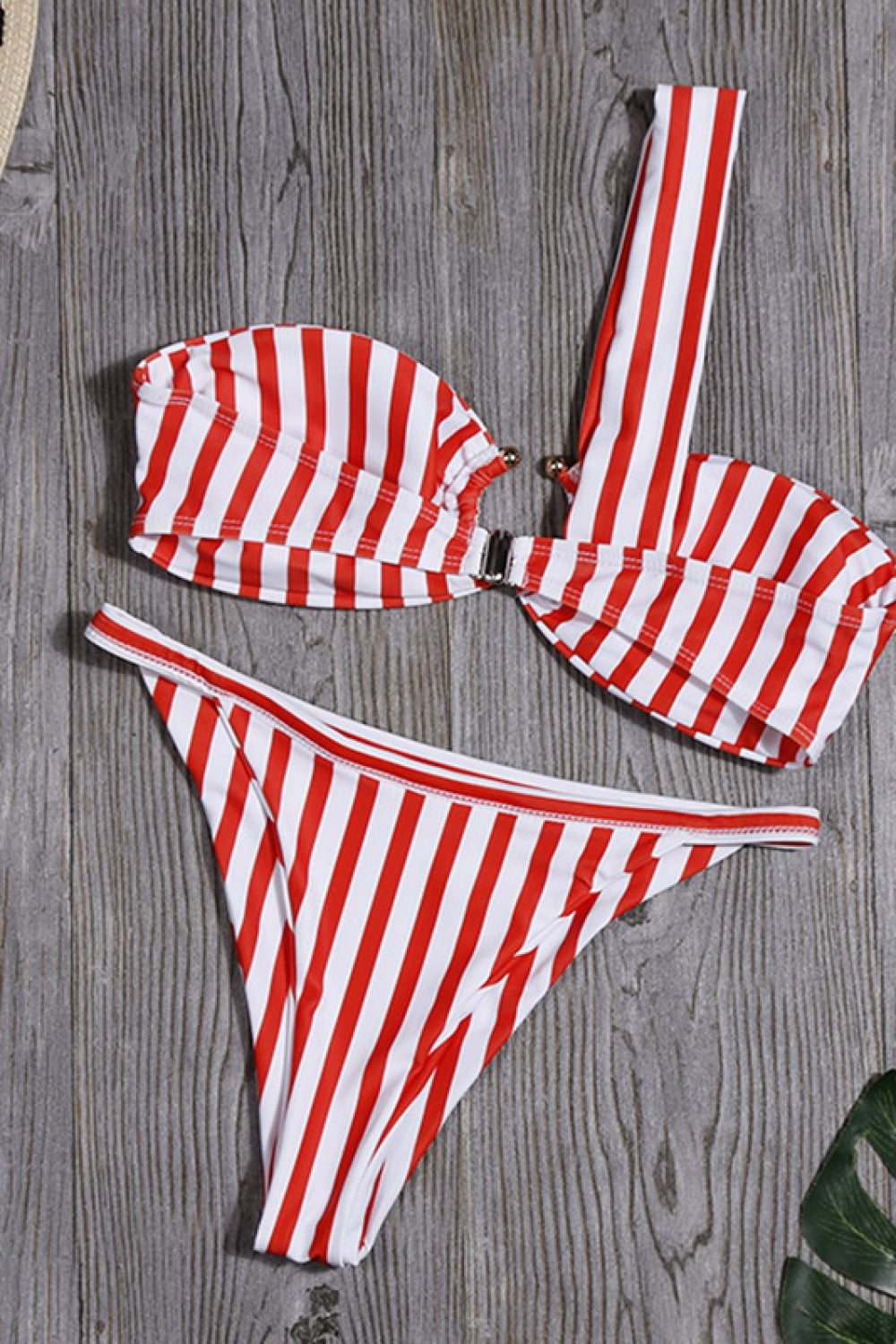 Orangered Striped One Shoulder Bikini Set Areous