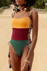 Patchwork Lace up Bandage One-Piece Swimsuit Areous