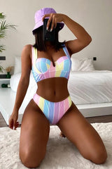Pink Blue Yellow Striped Two Piece Swimsuit Areous