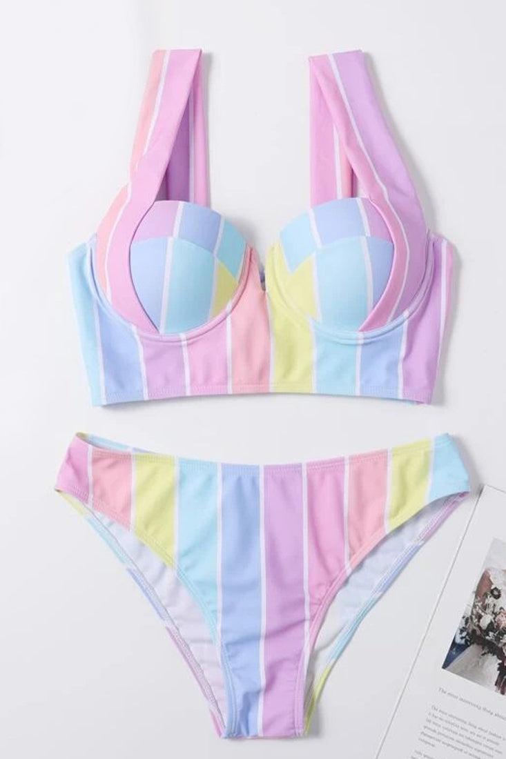 Pink Blue Yellow Striped Two Piece Swimsuit Areous