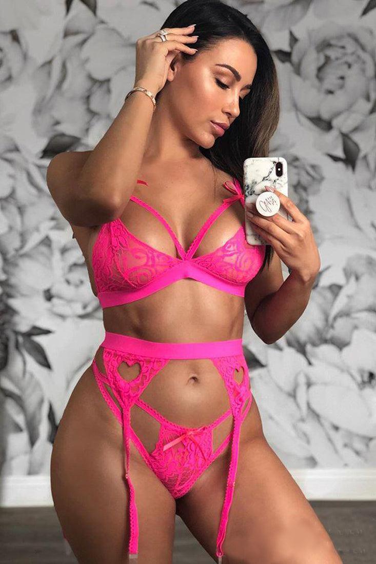 Pink Bow Lace Bra Garter Pantie Lingerie 3 Pc Set Areous