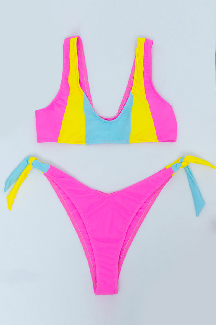 Pink Color Block Scooped Thick Straps 2 Pc Bikini Set Areous