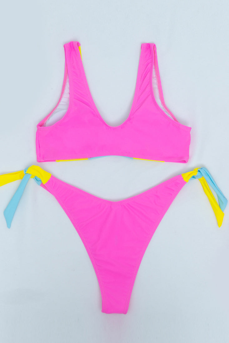 Pink Color Block Scooped Thick Straps 2 Pc Bikini Set Areous