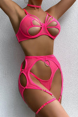 Pink Cut Out Asymmetrical Lingerie Set With Choker Areous