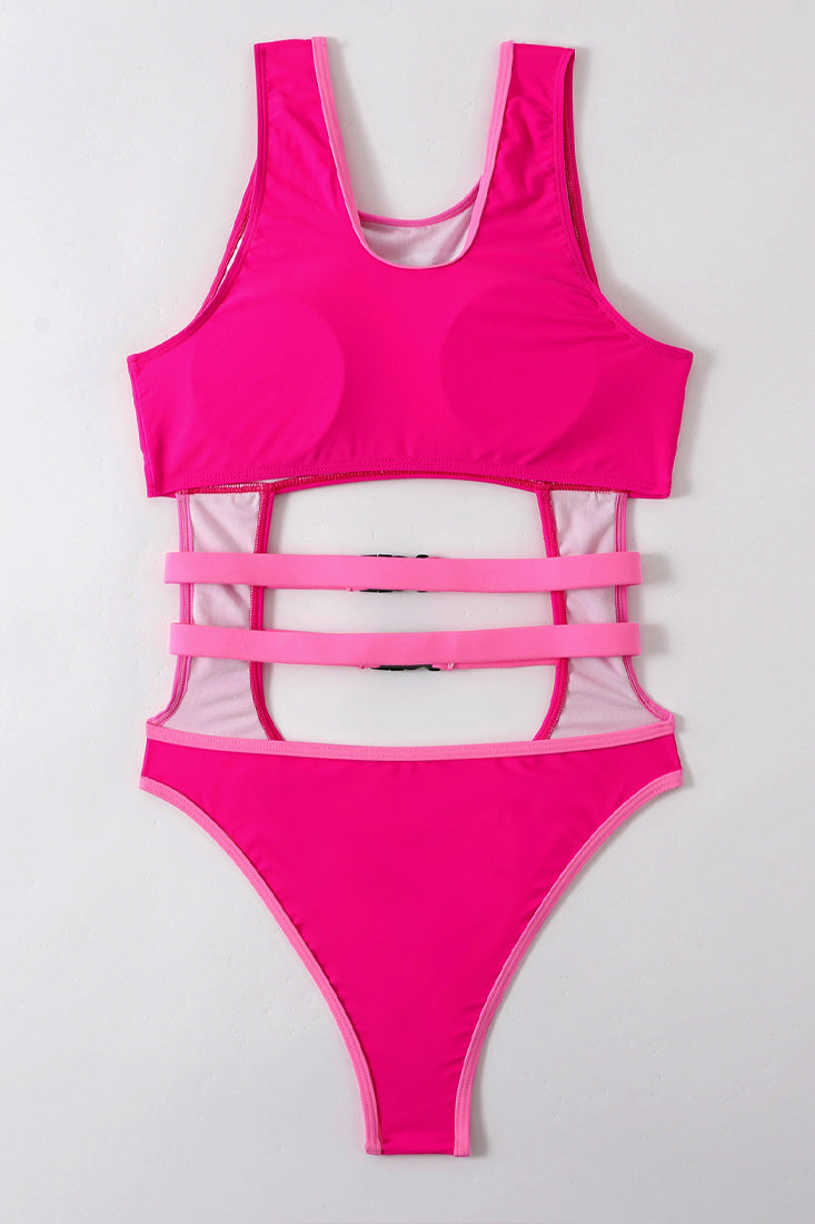 Pink Double Buckle Hollow Out Sleeveless Monokini Areous