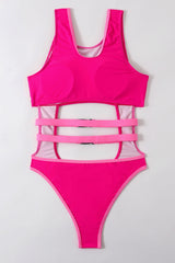 Pink Double Buckle Hollow Out Sleeveless Monokini Areous