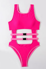 Pink Double Buckle Hollow Out Sleeveless Monokini Areous