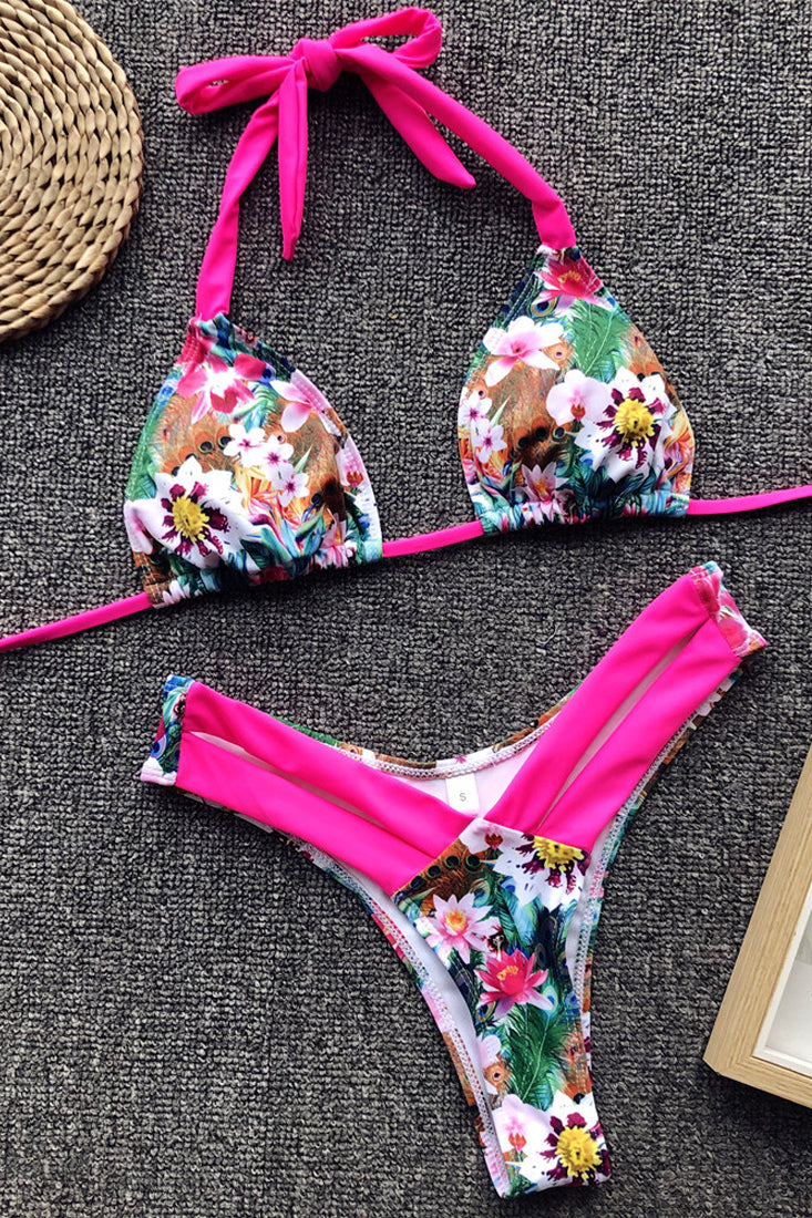 Pink Floral Print Cheeky Halter 2 Pc Swimsuit Areous