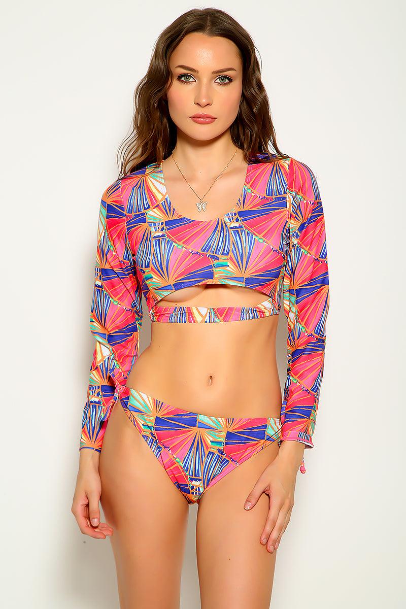 Pink Floral Print Two Tone Two Piece Swimsuit Areous
