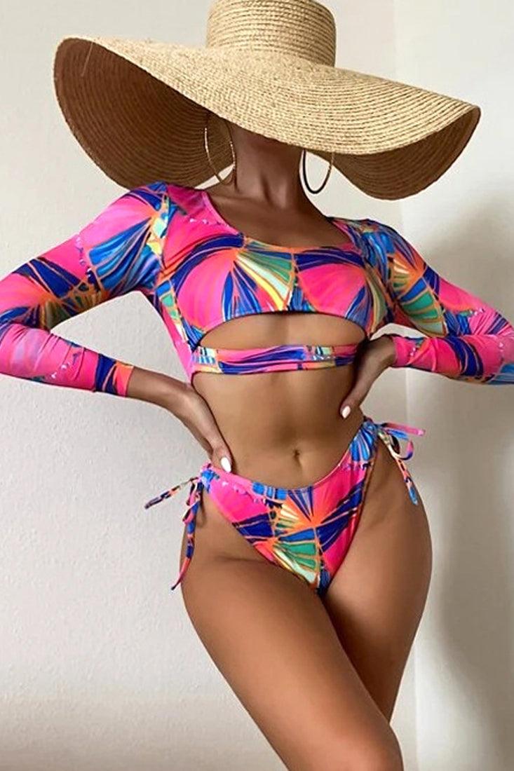 Pink Floral Print Two Tone Two Piece Swimsuit Areous