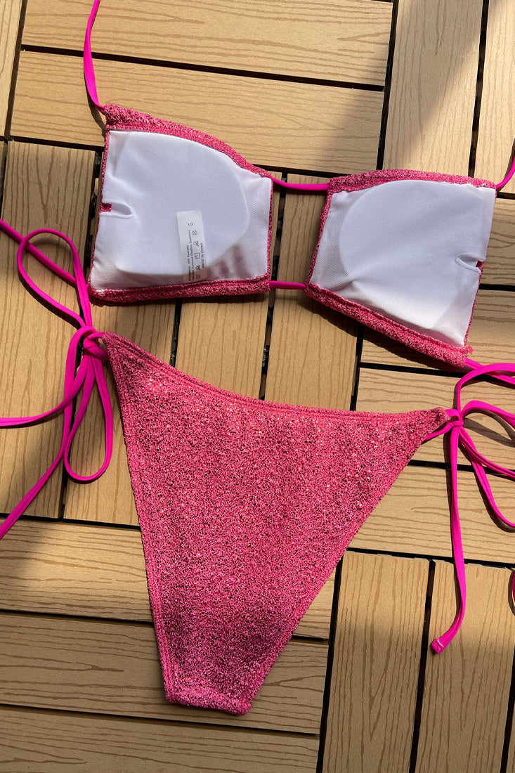 Pink Glitter Square Top Strappy Bottoms 2 Pc Swimsuit Areous