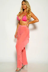 Pink Halter Triangle Mesh Cover Up Three Piece Swimsuit Areous