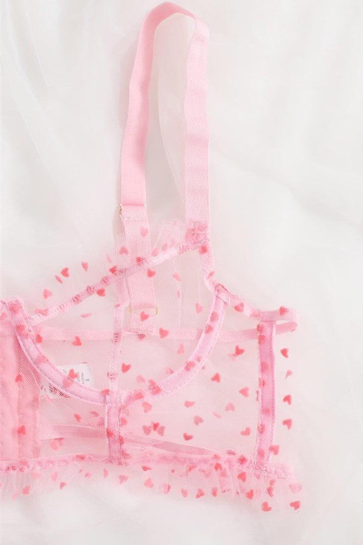 Pink Heart Pattern See Through Ruffle 2 Pc Lingerie Set Areous