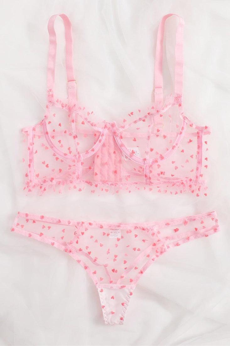 Pink Heart Pattern See Through Ruffle 2 Pc Lingerie Set Areous