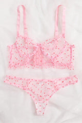 Pink Heart Pattern See Through Ruffle 2 Pc Lingerie Set Areous