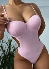 Pink Hollow Out Strap One Piece Swimsuit Areous