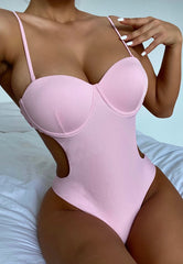 Pink Hollow Out Strap One Piece Swimsuit Areous