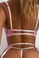 Pink Mesh Floral Embroidered Bow Detail Lingerie 3 Pc Set Areous