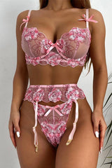 Pink Mesh Floral Embroidered Bow Detail Lingerie 3 Pc Set Areous