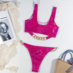 Pink Metallic Two Piece Chains Swimwear Areous