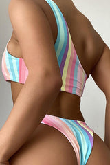Pink Multi Striped One Shoulder Two Piece Swimsuit Areous