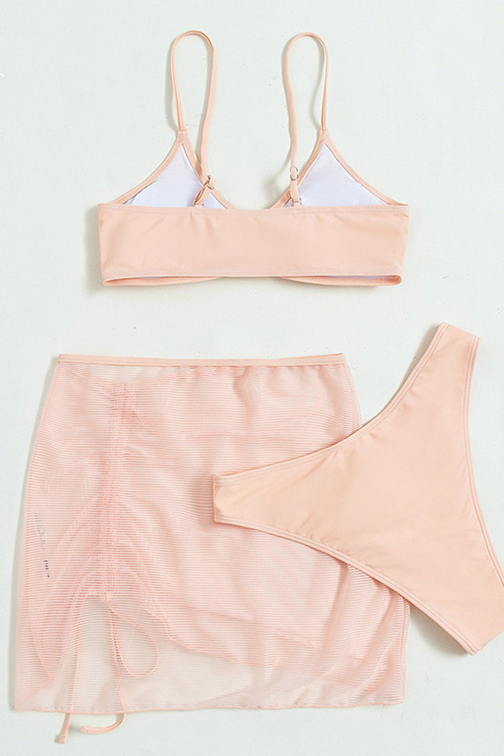 Pink O-Ring High Waisted 3 Pc Bikini With Sheer Cover Up Skirt Areous