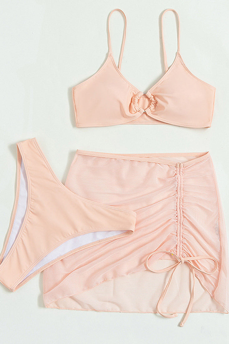 Pink O-Ring High Waisted 3 Pc Bikini With Sheer Cover Up Skirt Areous