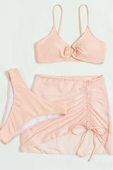 Pink O-Ring High Waisted 3 Pc Bikini With Sheer Cover Up Skirt Areous