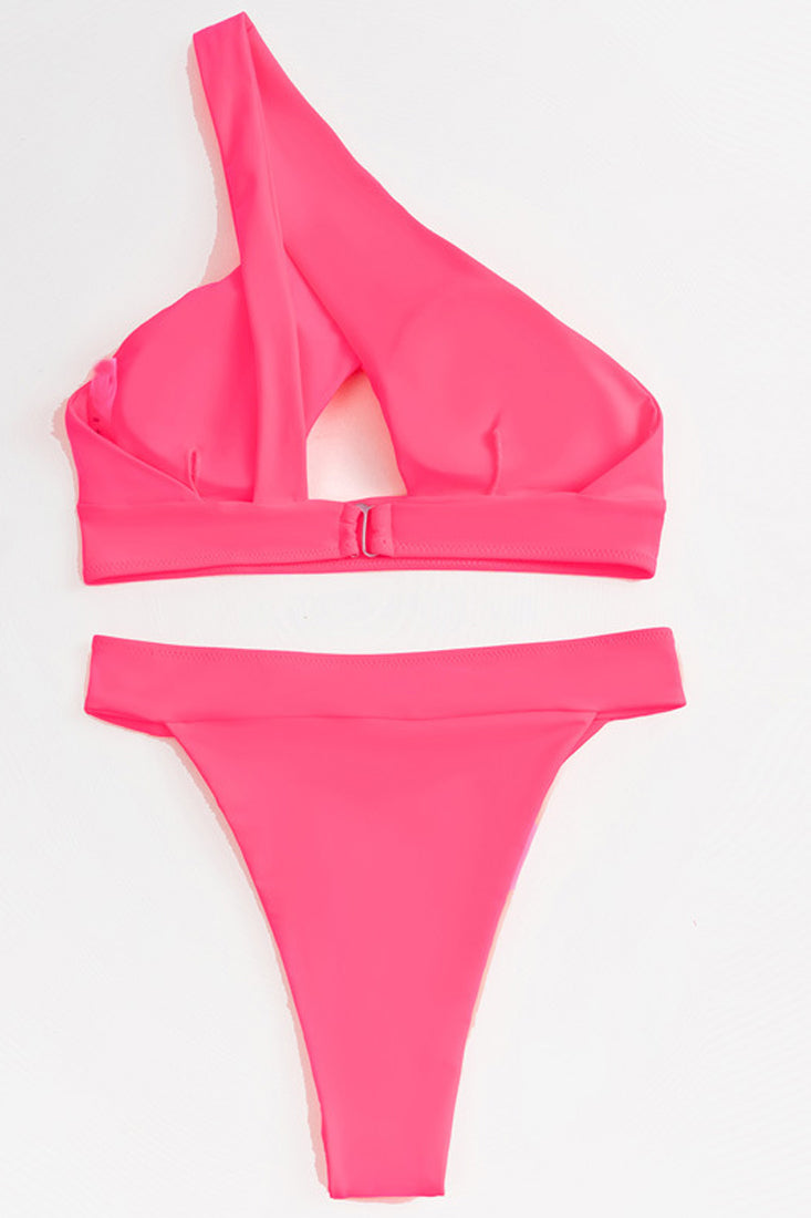 Pink One Shoulder Cut Out 2 Pc Swimsuit Areous