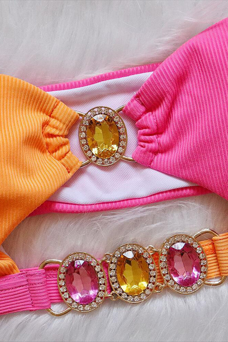Pink Orange Rhinestone Gem Ribbed Bandeau 2 Pc Bikini Areous