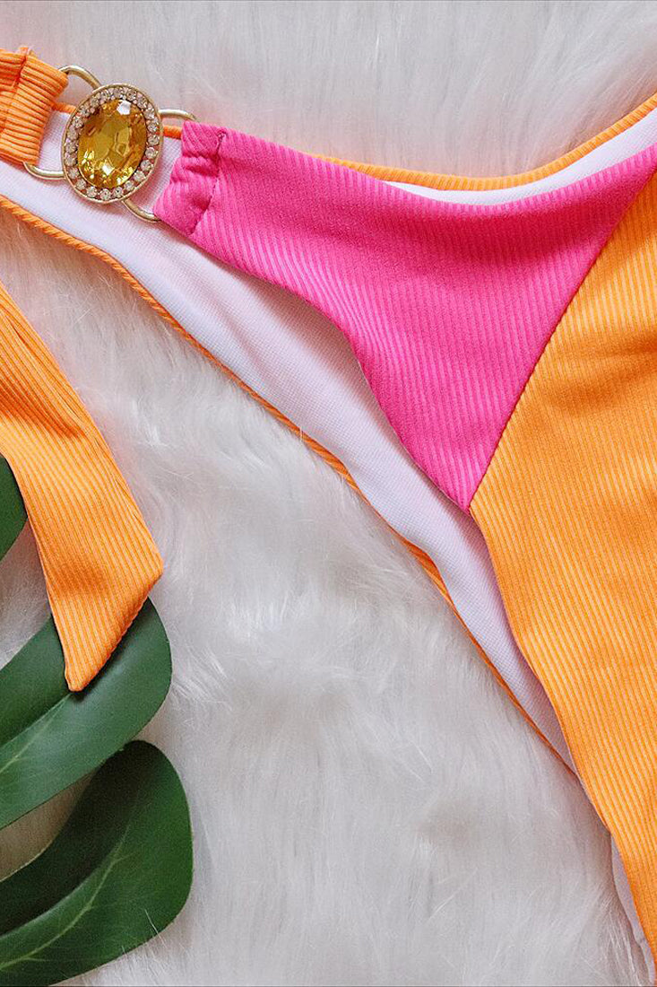 Pink Orange Rhinestone Gem Ribbed Bandeau 2 Pc Bikini Areous