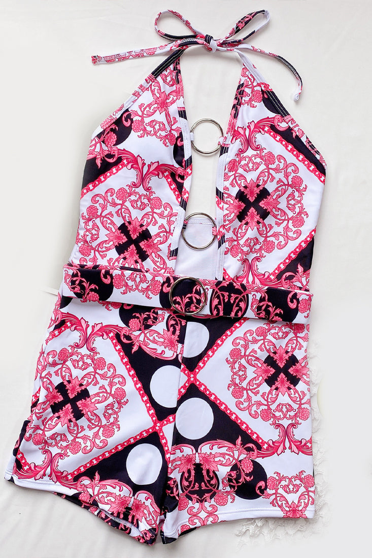 Pink Print Hollow Out O-RIng Plunge Monokini Areous