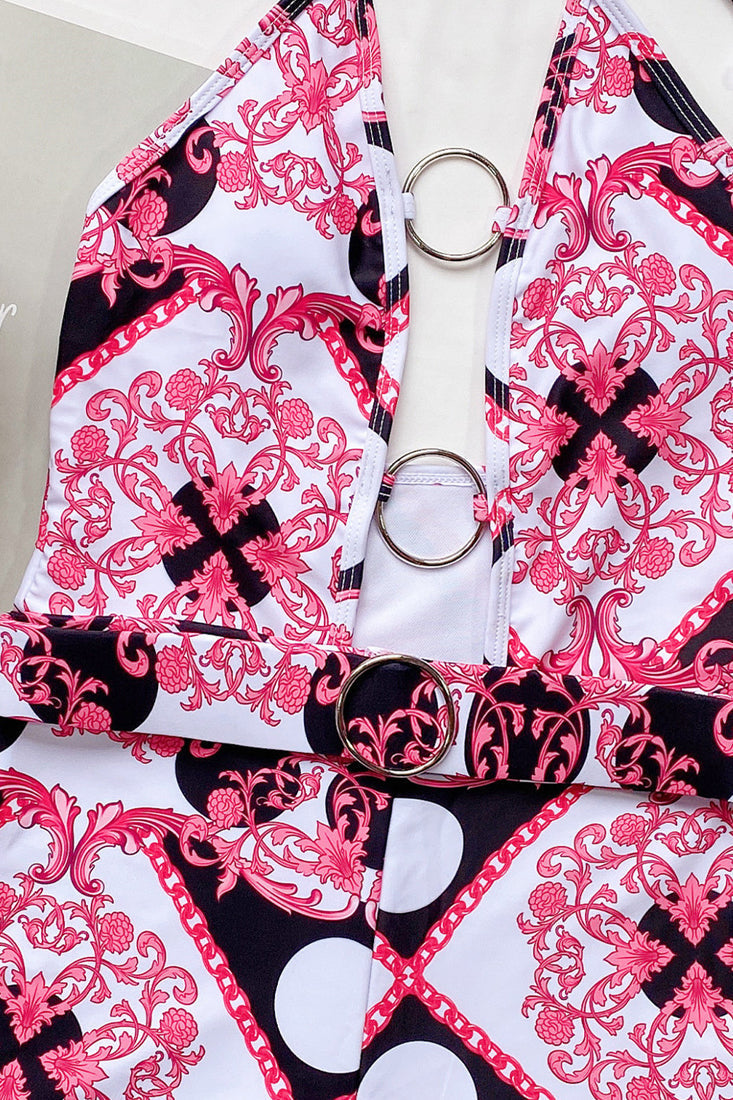 Pink Print Hollow Out O-RIng Plunge Monokini Areous