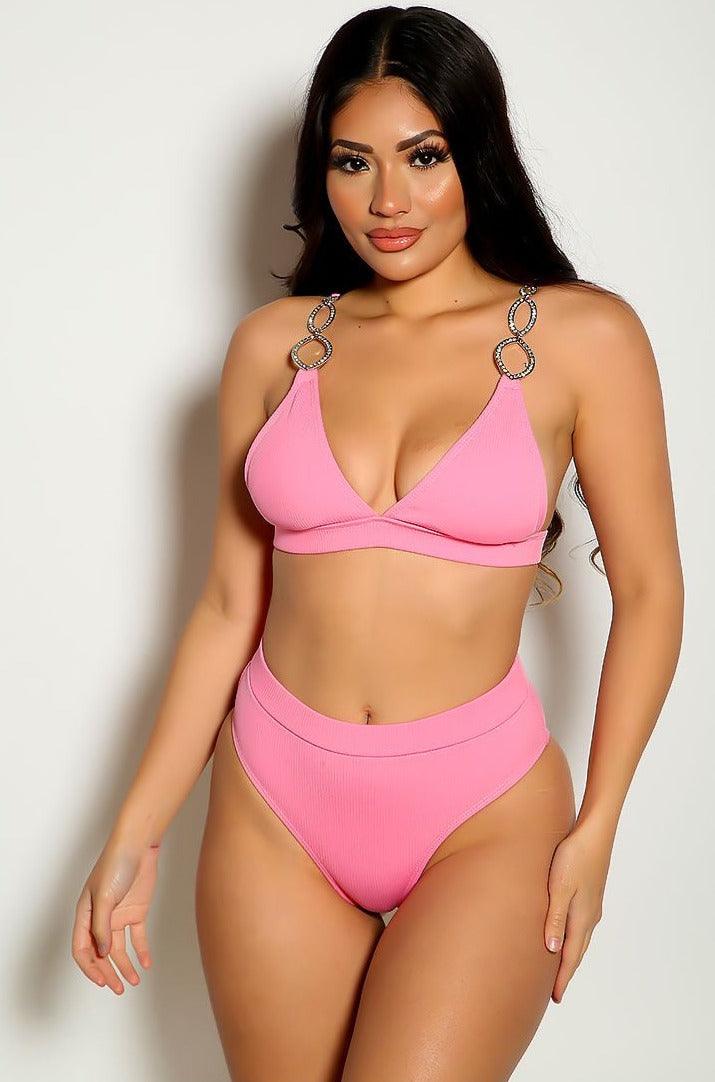 Pink Rhinestone Accent Two Piece Swimsuit Areous