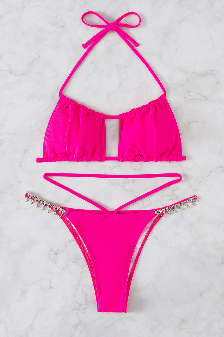 Pink Rhinestone Detail Square Top Strappy Halter 2 Pc Bikini Set Areous