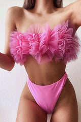 Pink Ruffle Mesh Bandeau & High Waisted Bottom 2 Pc Swimsuit Areous
