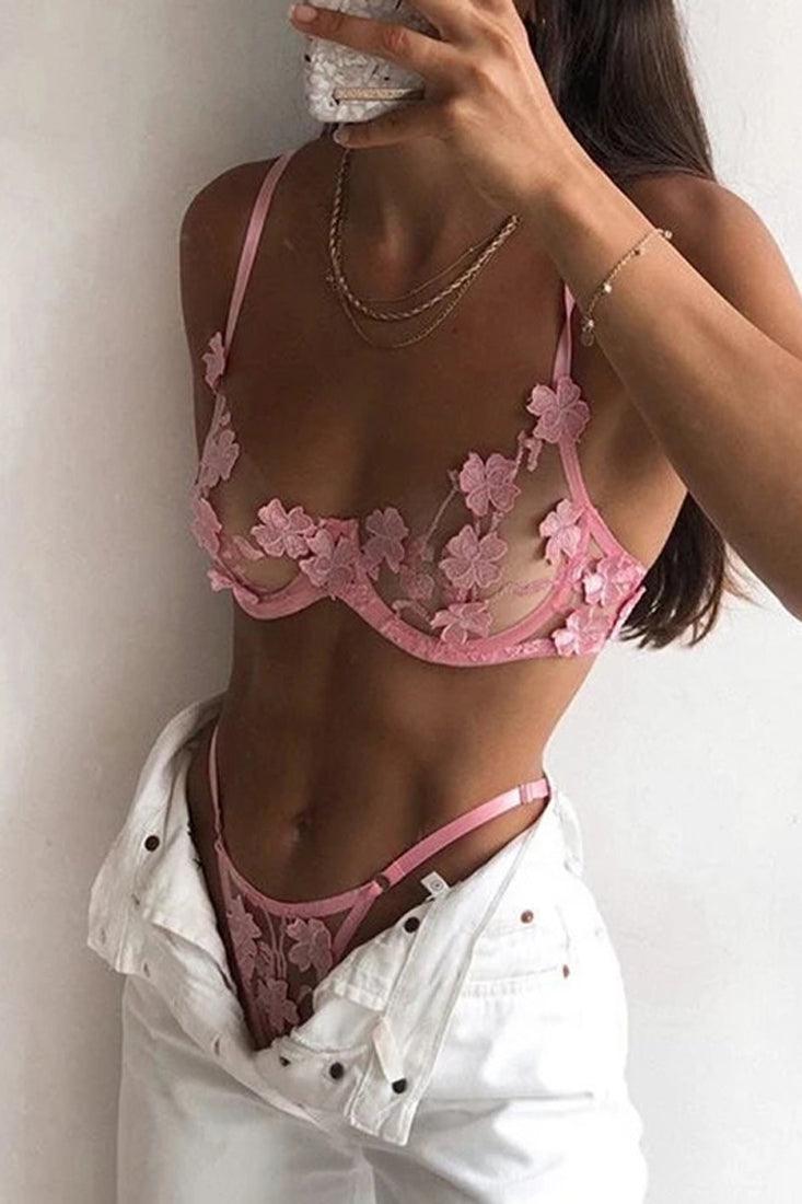 Pink Sheer Mesh Floral Embroidered Underwire Bra & Panties Set Areous