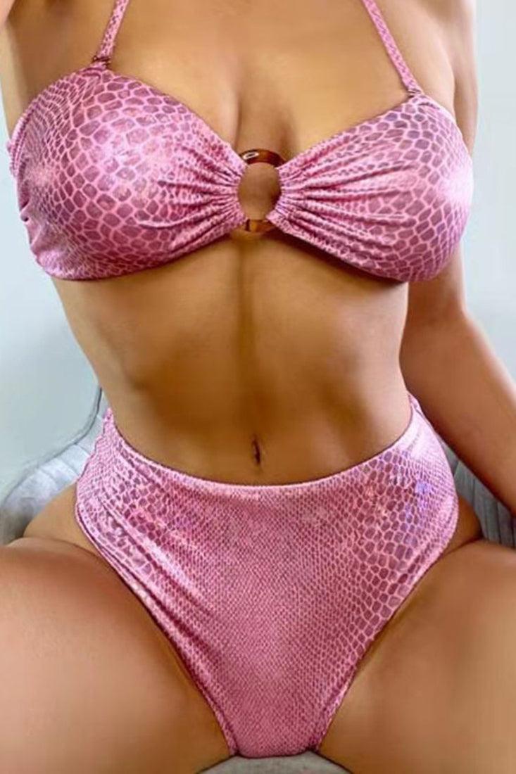 Pink Snake Print Holographic Bandeau Two Piece Swimsuit Areous