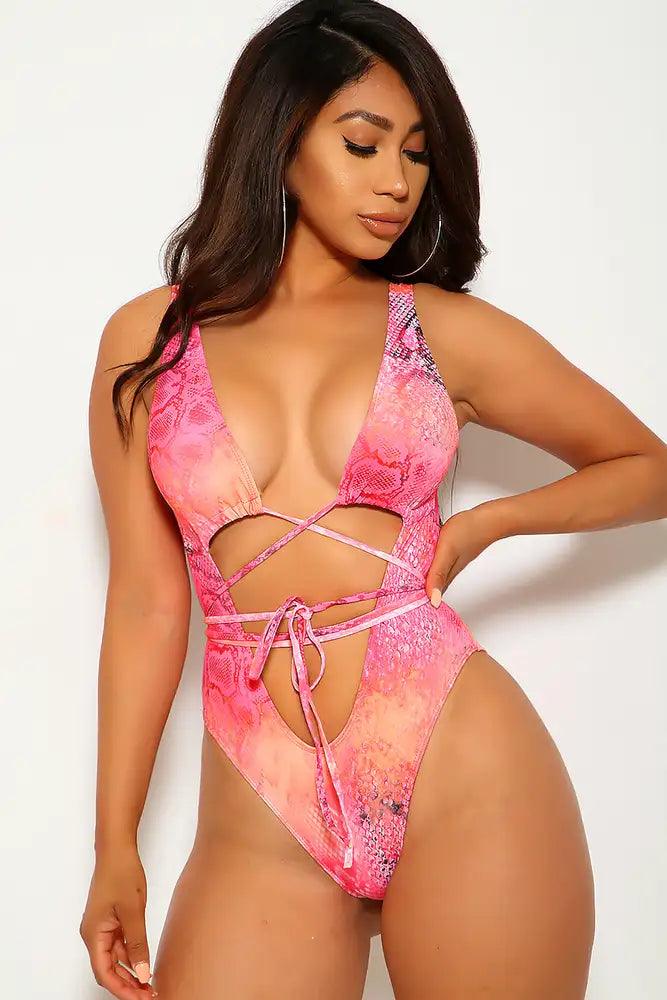 Pink Snake Strappy One Piece Monokini Swimsuit Areous