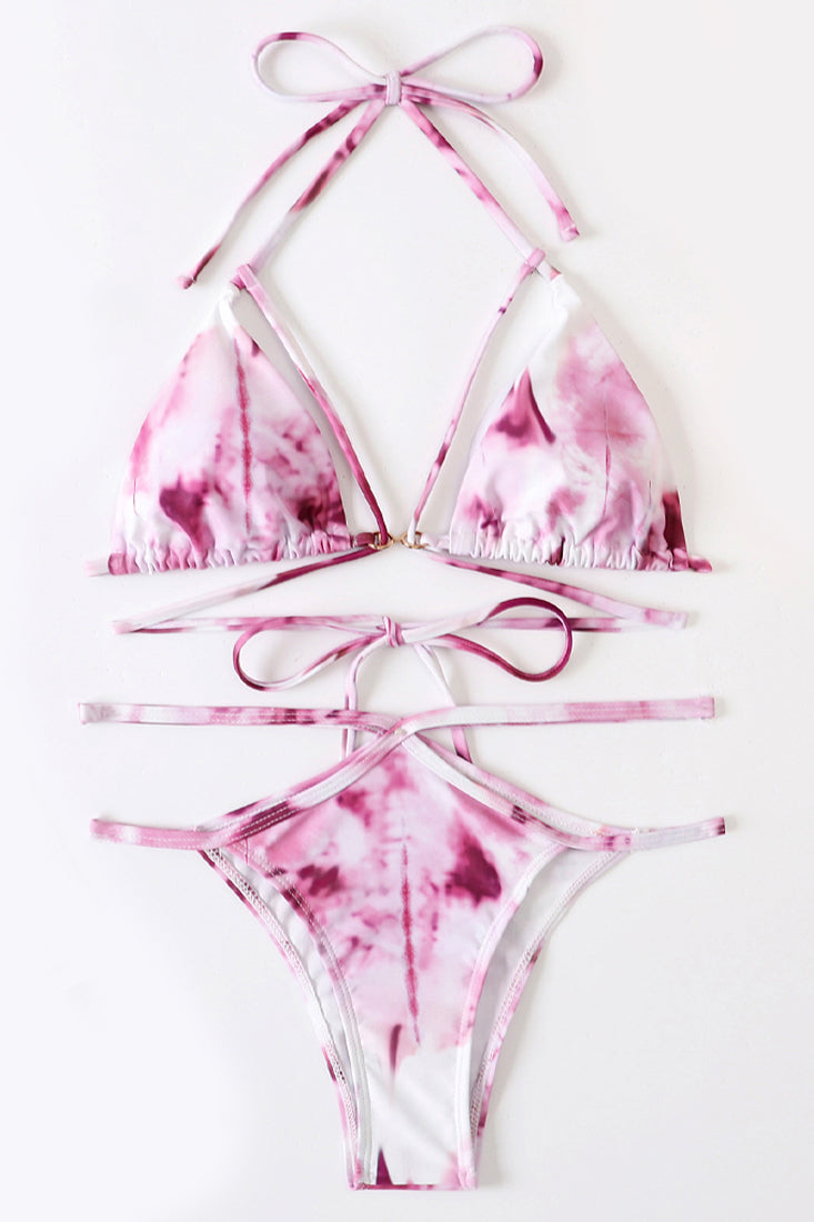 Pink Tie Dye Cut Out Strappy 2 Pc Bikini Set Areous
